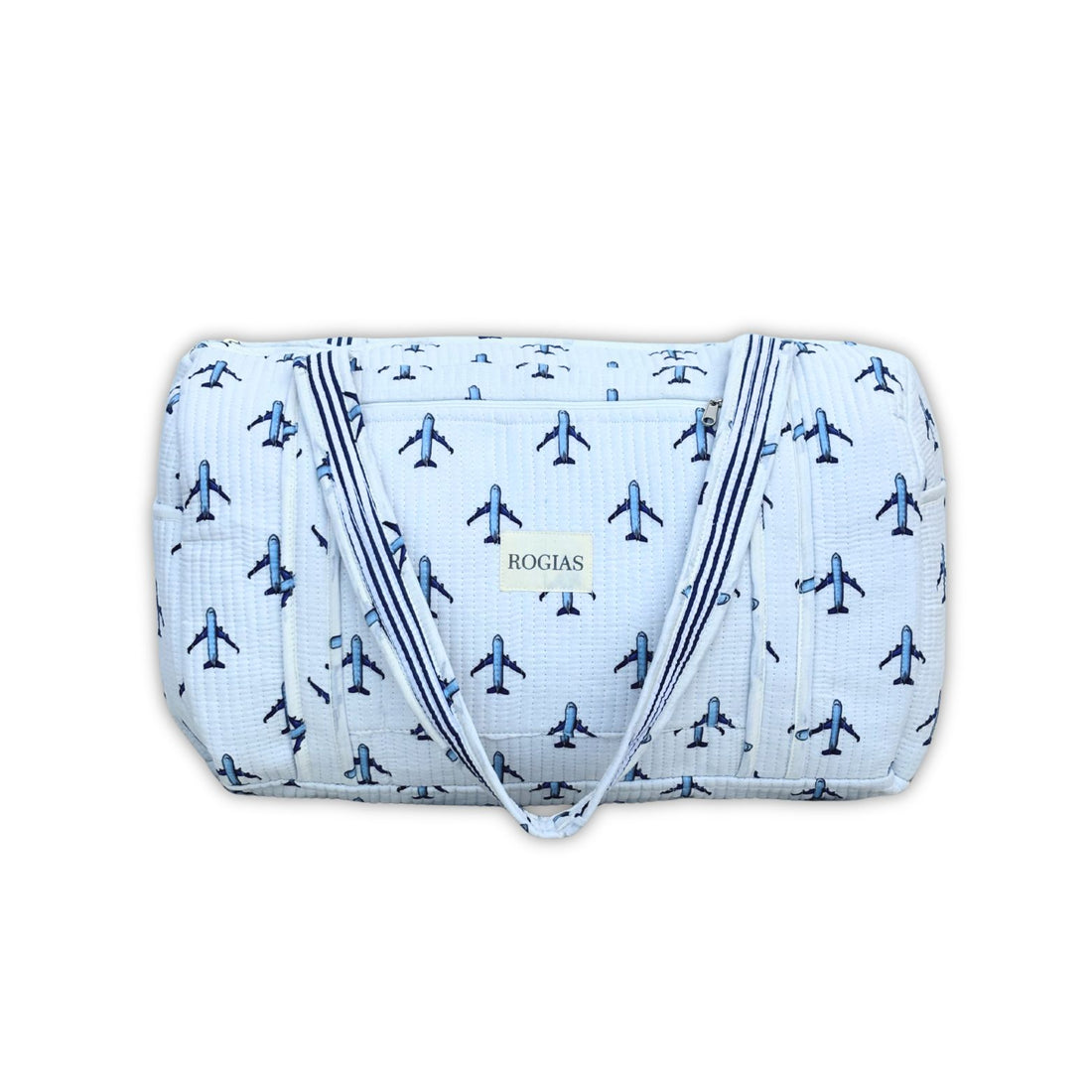 Blue and white patterned bag with &