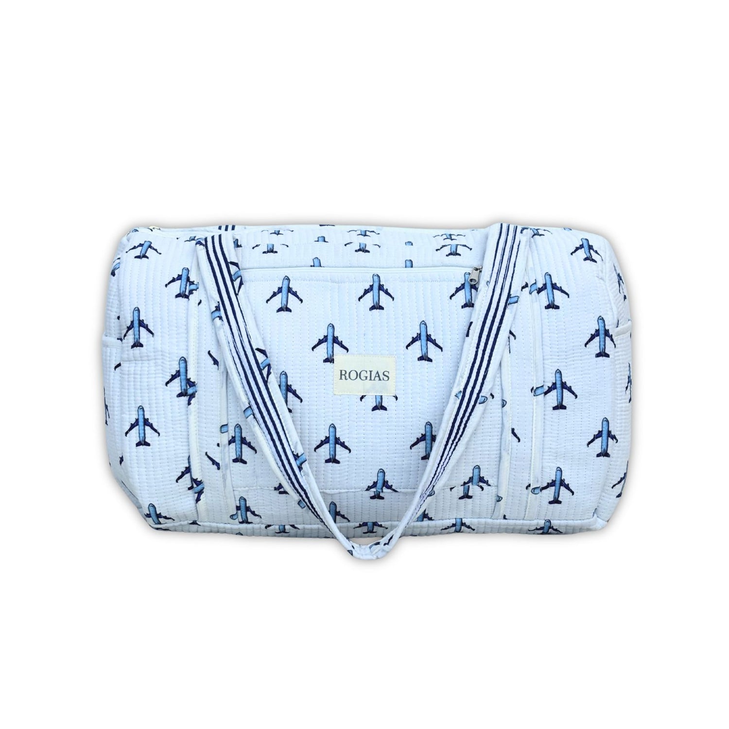 Blue and white patterned bag with &