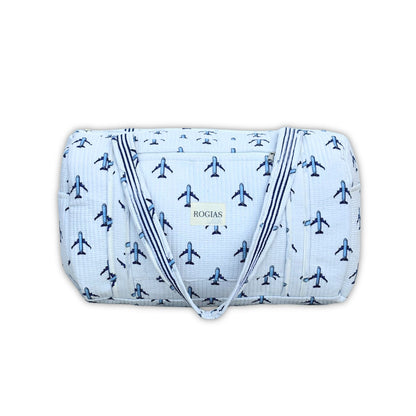 Blue and white patterned bag with &